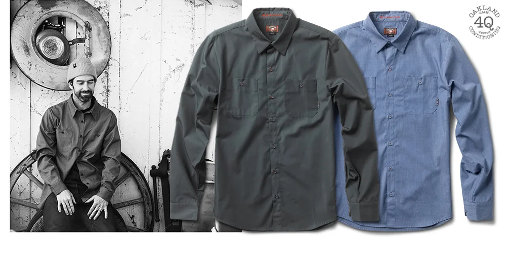  FOURSTAR® MAX WORKSHIRT -&nbsp;Max Schaaf + 4Q Conditioning® cotton/poly workshirt. Clean-finish seams and traditional workwear details. (shown in Dark Seafoam and Pale Blue) [o] Ben Colen&nbsp; 