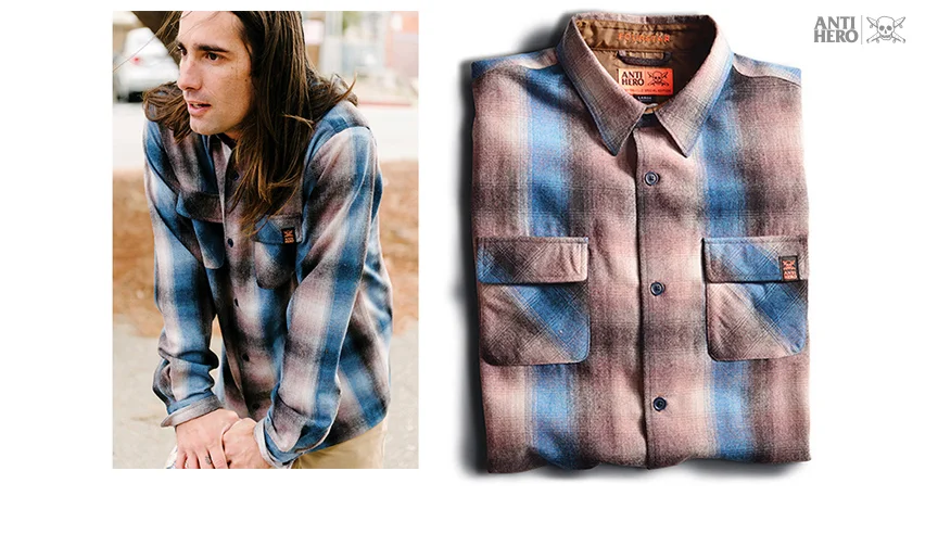  FOURSTAR® TNT + ANTIHERO® FLANNEL -&nbsp;Antihero Skateboards® Tony Trujillo wool blend ombre flannel. Double pockets and&nbsp;taffeta interior yoke. Monogram embroidery&nbsp;and oversized 22L&nbsp;buttons. (shown in Blue) [o] Ben Colen 