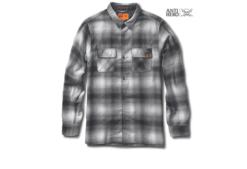 FOURSTAR® TNT + ANTIHERO® FLANNEL -&nbsp;Antihero Skateboards® Tony Trujillo wool blend ombre flannel. Double&nbsp;pockets and&nbsp;taffeta interior yoke. Monogram embroidery&nbsp;and oversized 22L buttons. (shown in Grey) 