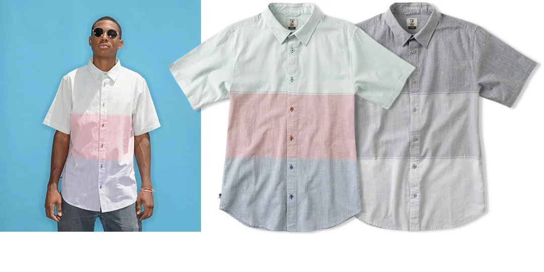  FOURSTAR® ISHOD S/S - Ishod Wair Signature Collection. Cotton end-on-end with engineered color-blocking and matching buttons. Monogram embroideries. (shown in Pale Green and Grey) [o] Eric Anthony 