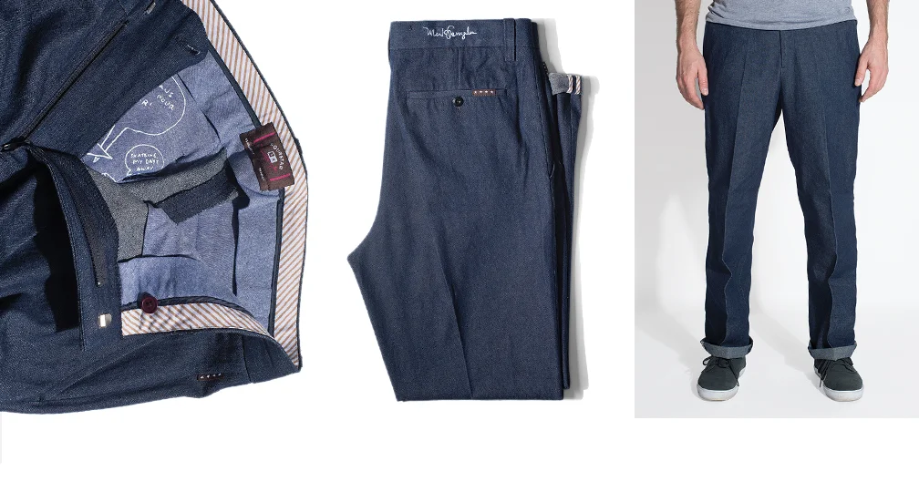  FOURSTAR® GONZ TROUSER -&nbsp; Mark Gonzales Signature Collection. Denim trouser with suiting details, cuffed hem and press crease. Chambray and hickory stripe waist lining. Chambray pocketbags with logo&nbsp;print. Two-point waist&nbsp;closure. Gon