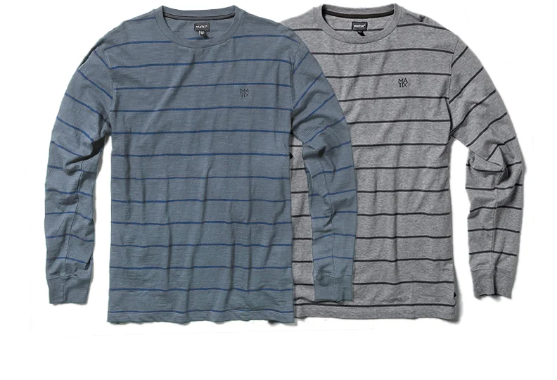  MATIX® LEEZLE L/S - 180 gram heathered jersey with yarn-dye stripe, contrast neck tape&nbsp;and chest embroidery. (shown in Indigo Heather and Grey Heather) 
