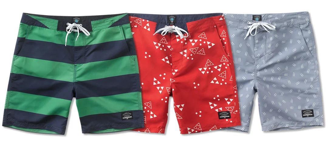  FOURSTAR® SIGNATURE TRUNKS - Sublimated poly trunks in a variety of merchandised prints. Contrast drawcords and eyelets. Triple-needle stitch throughout. Rear velcro&nbsp;pocket and mesh front pocketbags. 20" outseam. 
