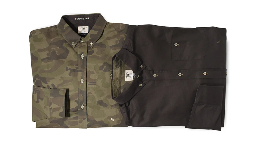  FOURSTAR® TRUJILLO DRESS SHIRT - Tony Trujillo Signature Collection. Camo and Black cotton poplin with contrast interior collar panels and contrast button thread. Monogram embroideries.&nbsp; 
