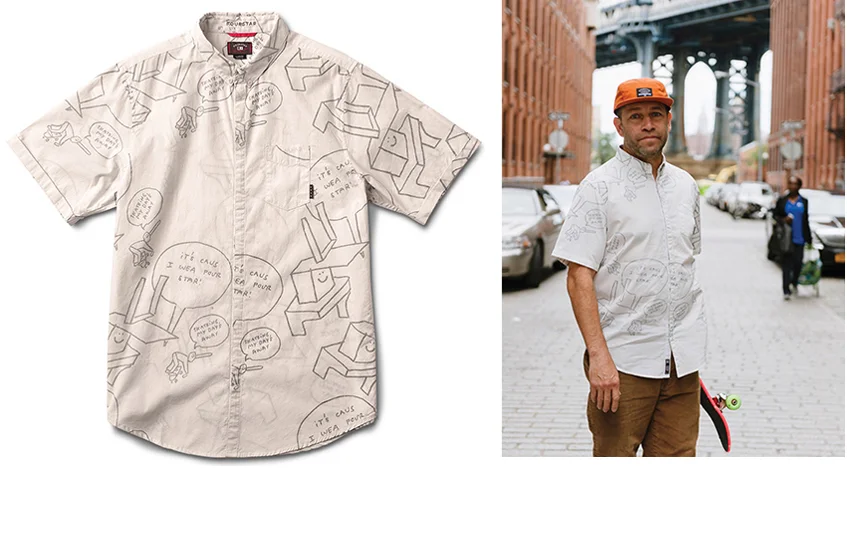  FOURSTAR® GONZ S/S -&nbsp;Mark Gonzales signature collection. Reverse-print poplin with abbreviated collar points, cuffed sleeves&nbsp;and hidden placket. (shown in Ecru) [o] Ben Colen 