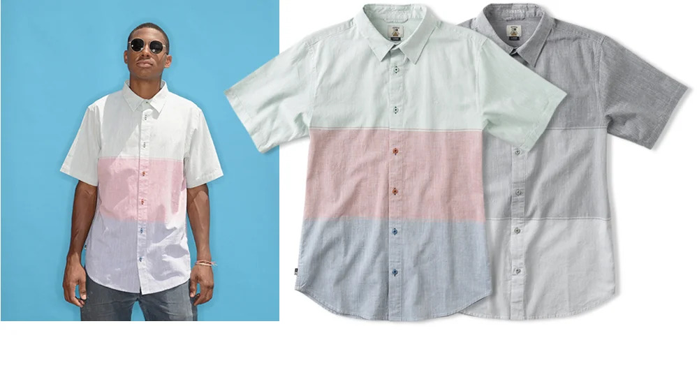  FOURSTAR® ISHOD S/S - Ishod Wair Signature Collection. Cotton end-on-end with engineered color-blocking and matching buttons.&nbsp;Monogram embroideries. (shown in Pale Green and Grey) [o] Eric Anthony 