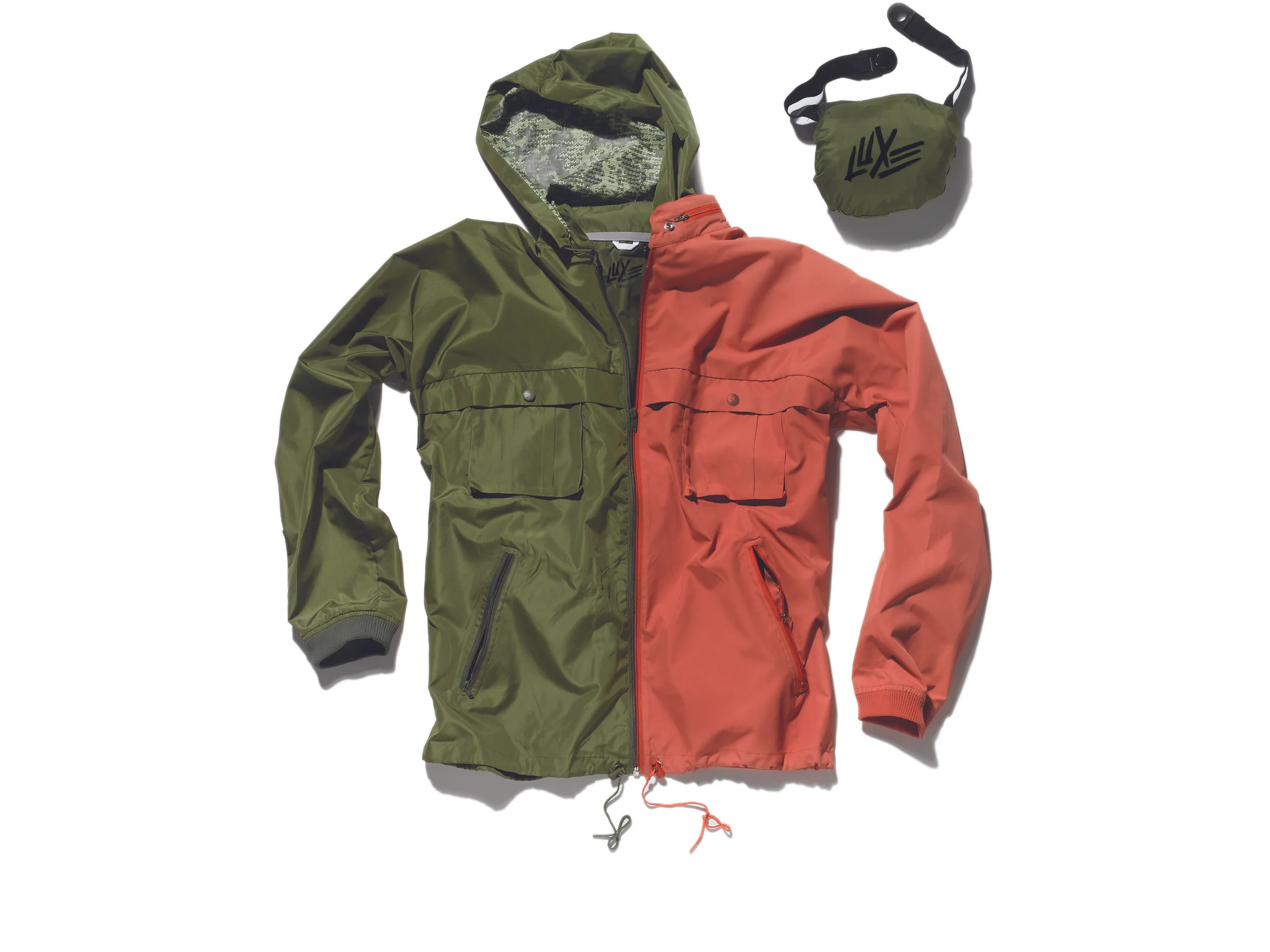  DVS LUXE® ANNEX JACKET - Collapsible military windbreaker folds into hip pack. Bellowed chest pockets and vented back panel. Custom houndstooth camo interior hood print. (shown in Army and Orange)&nbsp; 