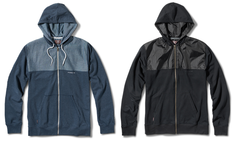  FOURSTAR® FIGUEROA ZIP -&nbsp;280 gram french terry zip with chambray and poly woven shoulder panels and hood lining. Chest embroidery and pocket flag. (shown in Indigo Heather and Black) 