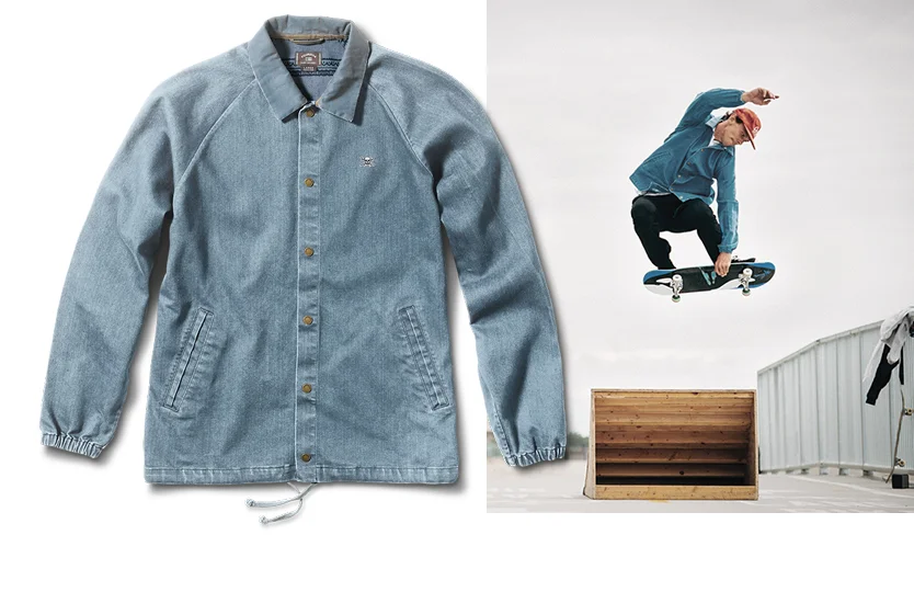  FOURSTAR® KENNEDY DENIM COACH - Cory Kennedy signature collection.&nbsp;7oz stretch denim coach's jacket with heavy wash and custom repeat print at interior. Antique brass hardware. (shown in Light Indigo) [ o ] Ben Colen&nbsp; 