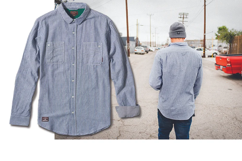  FOURSTAR® MARIANO OXFORD L/S - Guy Mariano Signature Collection. Lightweight brushed oxford pinstripe. Asymmetrical pocket scheme and contrast interior fabrics. (shown in Indigo Pinstripe) [ o ] Eric Anthony 