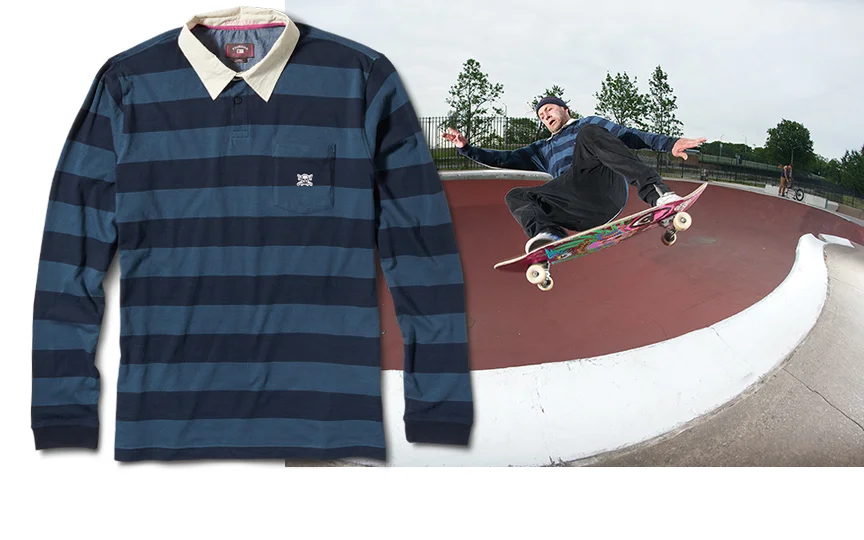  FOURSTAR® GONZ RUGBY - Mark Gonzales Signature Collection.&nbsp;Mid-weight cotton jersey with yarn-dye stripe. Lightweight twill collar. Chambray interior yoke and contrast neck tape. (shown in Navy) [ o ] Giovanni Reda 