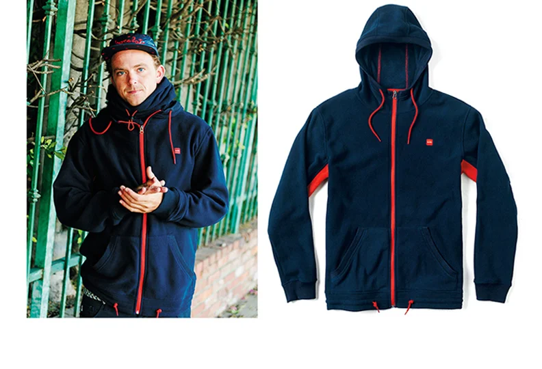  CHOCOLATE SKATEBOARDS® POLAR TECH ZIP&nbsp;- Full-zip polar fleece with contrast armpit panels, contrast drawcords and reverse coil zipper. Self waistband with cinch. (shown in Navy) [o] Ben Colen 