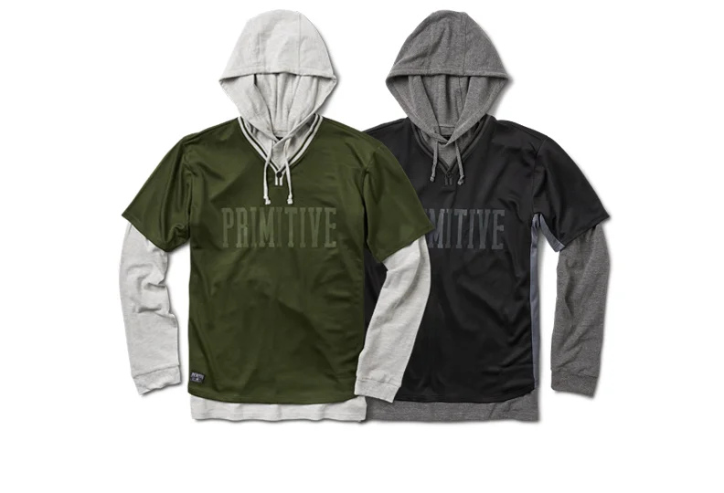  PRIMITIVE® TWO-FER BASEBALL HOOD - Poly baseball practice jersey shell with cotton pique hooded inner layer. Striped rib and tonal logo print. (Shown in Dk. Olive and Black) 