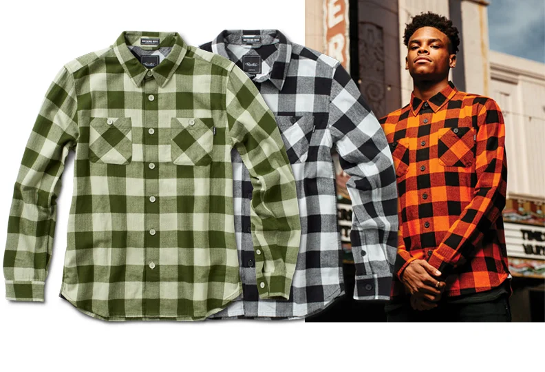  PRIMITIVE® HERRINGBONE BUFFALO L/S - Custom herringbone weave yarn-dye buffalo check. Double pockets, DTM buttons and collar stand label. (Shown in Pale Olive, Carrier Grey and Orange) [o] Oliver Barton 