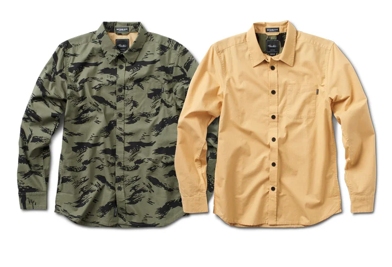  PRIMITIVE®CHAMOIS L/S - Cotton plain weave with brushed chamois face. Custom camo print. Engraved logo button,&nbsp;contrast interior yoke and collar stand label. (Shown in Olive Camo and Manilla) 