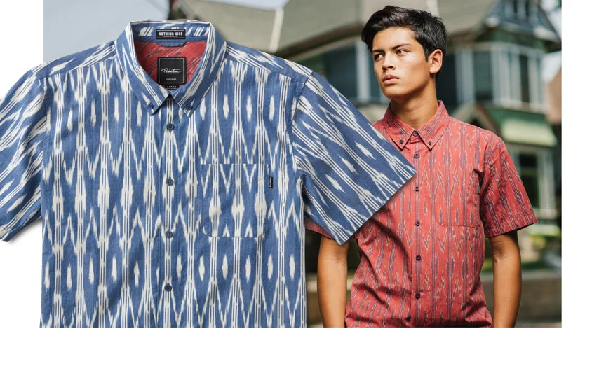  PRIMITIVE® INDIAN IKAT S/S - Cotton custom ikat shirting. Button-down collar, contrast interior yoke and collar stand label.  (Shown in Indigo and Watermelon) [o] Oliver Barton 