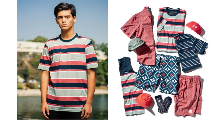  PRIMITIVE® JACQUARD TICK CREW - 180 gram jersey with custom yarn-dye stripe and jacquard tick detail. Contrast neck tape and logo embroidery at pocket. (Shown in Multicolor with the Pool Party Collection) [o] Oliver Barton 