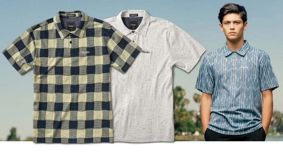  PRIMITIVE® TEXTURED POLO - 180 gsm cotton knit in buffalo check, confetti and ikat jacquard fabrics. Indigo chambray interior yoke and logo embroidery at chest. (Shown in Pale Yellow, Ice Heather and Indigo) [o] Oliver Barton 