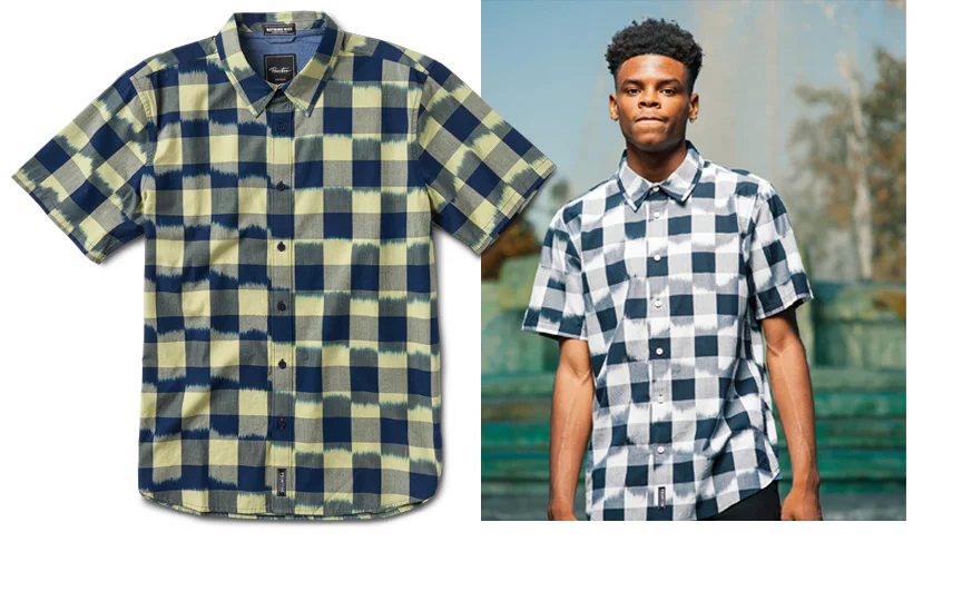  PRIMITIVE® LIGHTWEIGHT BUFFALO IKAT S/S - Cotton custom ikat check shirting. Indigo chambray interior yoke, locker loop and collar stand label. (Shown in Pale Yellow and White) [o] Oliver Barton 