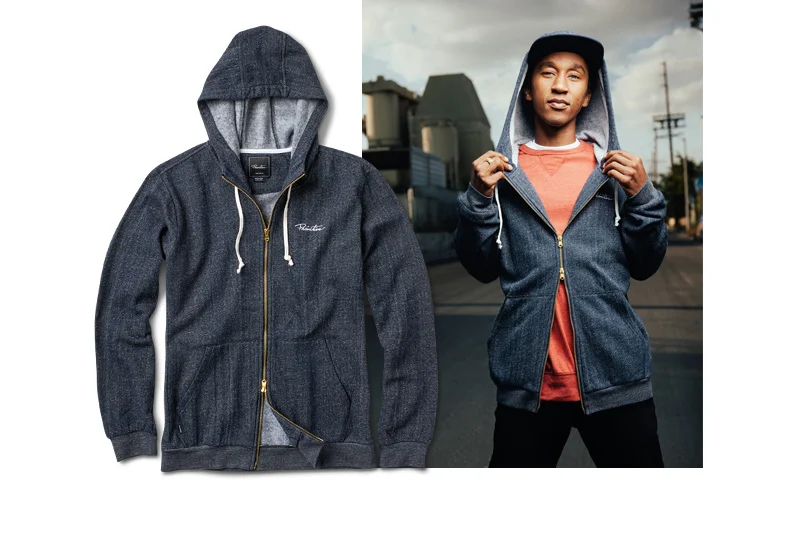  PRIMITIVE® PREMIUM ZIP - Mid-weight square knit fleece zip hood with two-way gold zipper and scuba collar. Micro-stripe rib, contrast drawcords and neck tape. (shown in Midnight) [o] Oliver Barton 