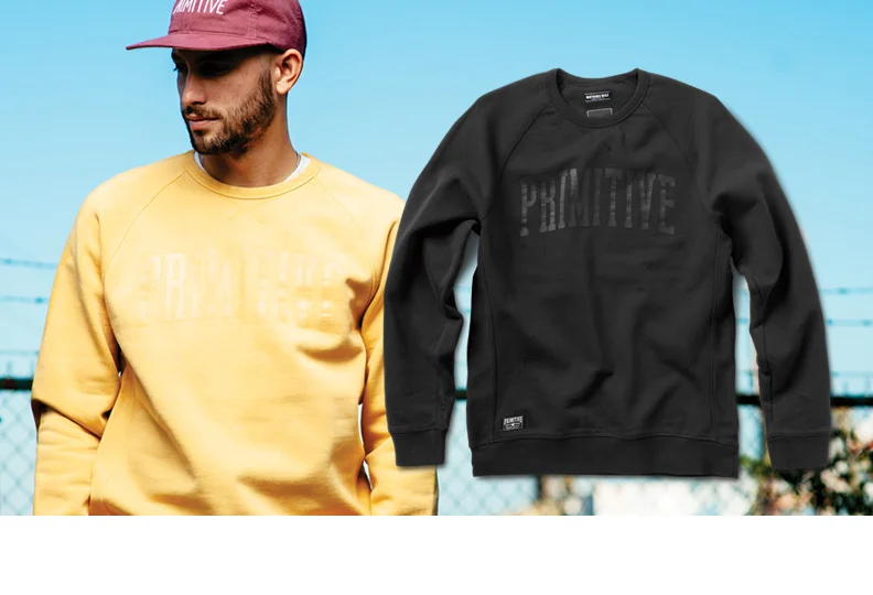  PRIMITIVE® WASHED CREW - Sturdy cotton fleece raglan crew with pigment overdye. Rib side panels and tonal chest print.&nbsp;Extensive top-stitch detail.&nbsp;(shown in Manilla and Vintage Black) [o] Oliver Barton 