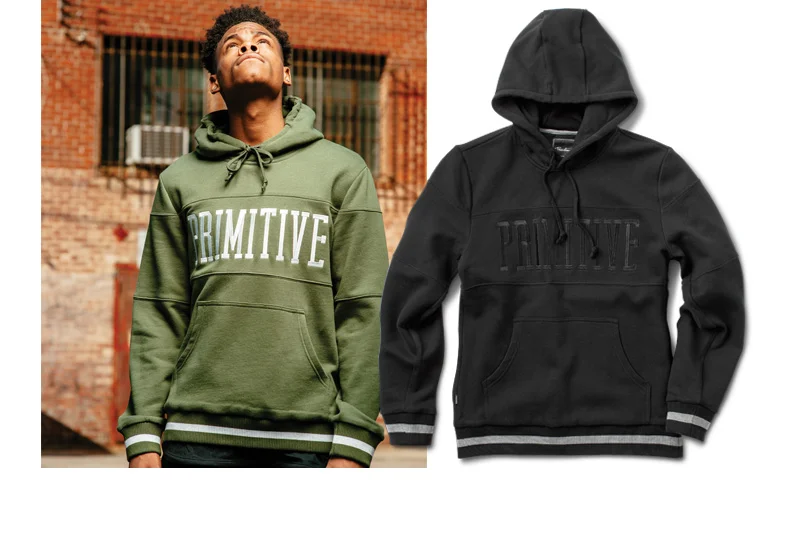  PRIMITIVE® LEAGUE PANELED HOOD - Heavyweight fleece hood with chest/sleeve panels and tonal piping. Sturdy satin-fill chest embroidery and varsity-striped heavy rib. (shown in Dk. Olive and Black) [o] Oliver Barton 