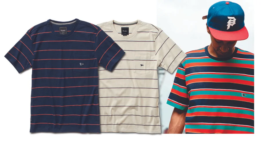  PRIMITIVE® CLASSIC STRIPE S/S - 180 gsm cotton jersey with custom yarn-dye stripe, chest pocket and logo embroidery. (Shown in Midnight, Ecru and Multicolor). [o] Oliver Barton 