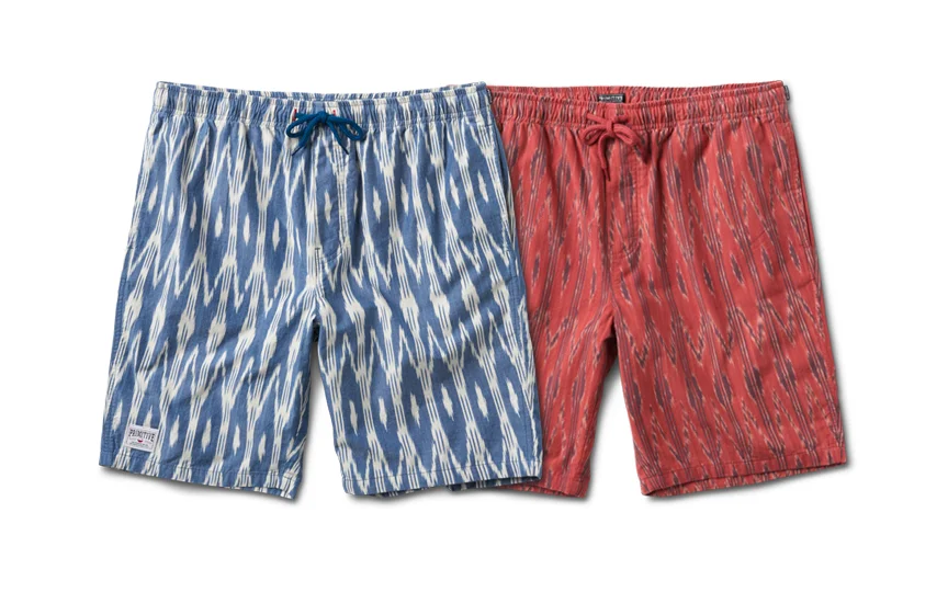 PRIMITIVE® INDIAN IKAT SHORT - Cotton custom ikat woven. Elastic waist with drawcord. On-seam pockets and thigh label.&nbsp;(Shown in Indigo and Watermelon) 