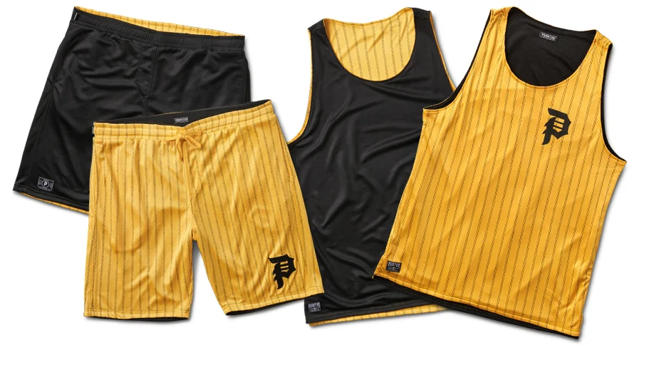  PRIMITIVE® DIRTY P REVERSIBLE KIT - Two-ply reversible casual athletic pairs. Bird's-eye mesh and poly knit with custom pinstripe, jacquard label package and logo appliqué.&nbsp;(Shown in Gold/Black) 