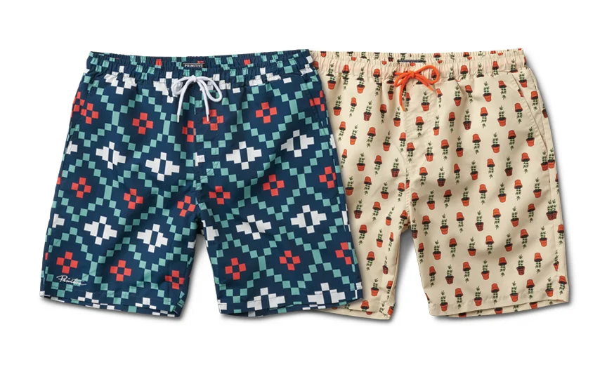  PRIMITIVE® SUMMER TRUNKS - Sublimated poly trunks in two custom prints. Contrast drawcords at elastic waist. Slash pockets and logo embroidery.&nbsp;Rear velcro pocket and mesh front pocketbags. 18.5" outseam. (Shown in Midnight and Ecru) 