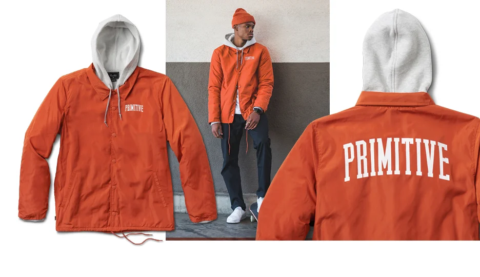 PRIMITIVE® TWO-FER COACH - Two-layer coach's jacket lined in fleece. Branded snaps and logo prints.&nbsp;(shown in New Orange)&nbsp;[o] Parris Walker 