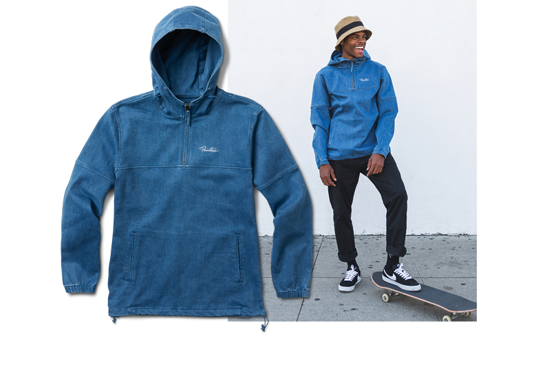  PRIMITIVE® ENDEAVOR ANORAK - Mid-weight stretch denim. Funnel-neck anorak with welt pockets and bungee toggles at hood and waist. (Shown in Indigo)&nbsp;[o] Parris Walker 
