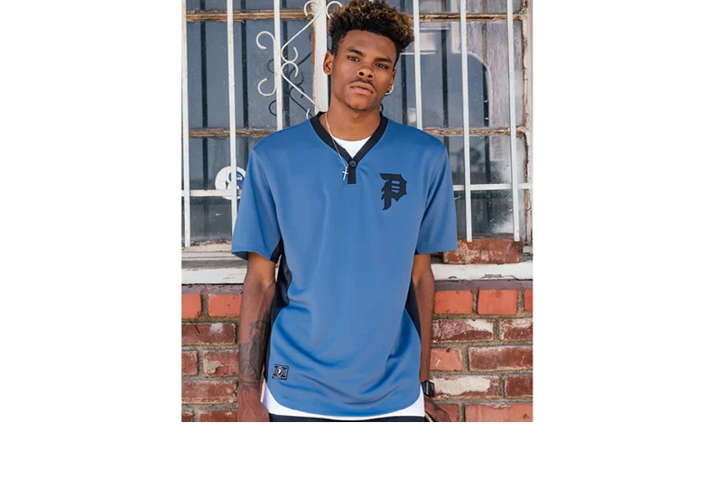  PRIMITIVE® DIRTY P PRACTICE JERSEY - Bird's-eye poly mesh with chest appliqué and contrast rib. Y-neck collar.&nbsp;(Shown in Stone Blue) [o] Parris Walker 