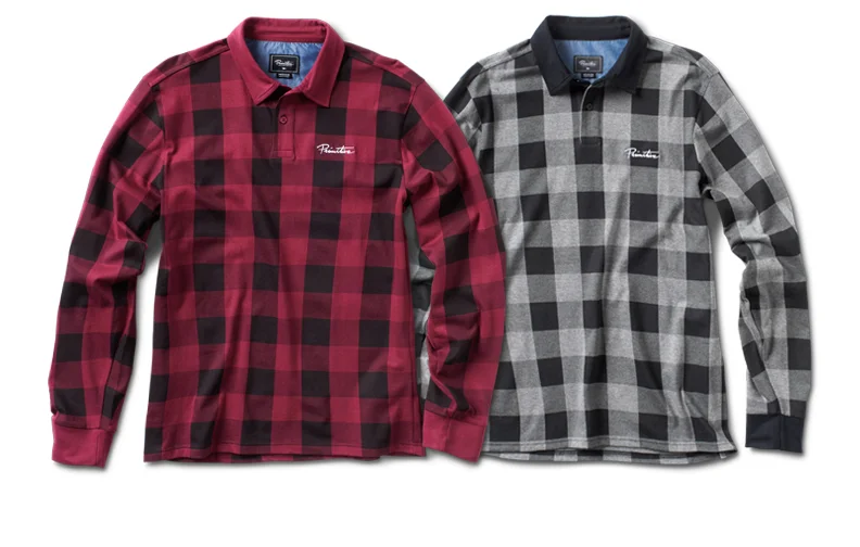  PRIMITIVE® BUFFALO POLO - Heavyweight cotton jersey with buffalo check print. Twill collar and indigo chambray interior neck yoke. (shown in Brick and Black) 