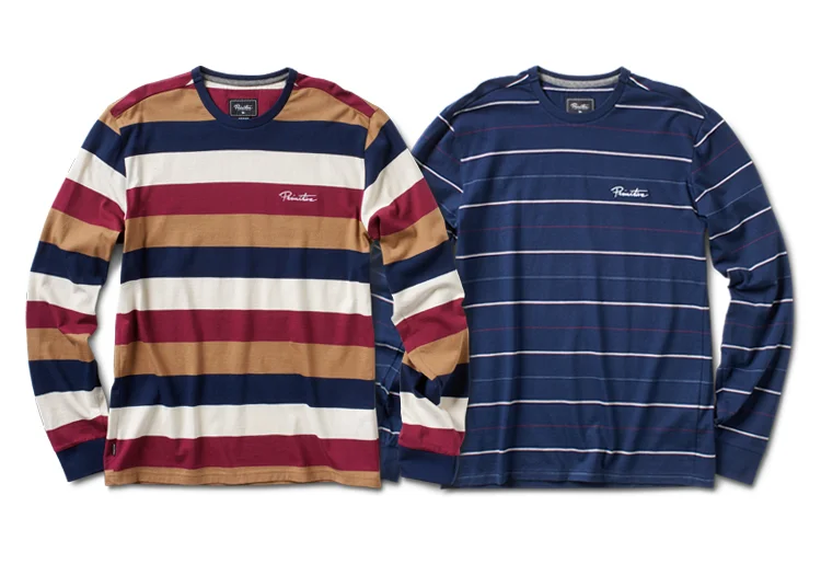  PRIMITIVE® CLASSIC STRIPE L/S - Midweight cotton jersey with custom yarn-dye stripe. Logo embroidery and contrast neck tape. (shown in Autumn and Midnight) 