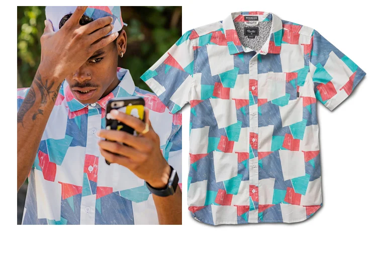  PRIMITIVE® VENEER S/S - Cotton poplin with custom "skateboard veneer" print. Contrast interior yoke and collar stand label.&nbsp;(Shown in Tropical) [o] Parris Walker 