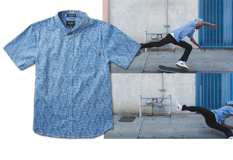  PRIMITIVE® POOL PARTY S/S - Reverse-print cotton sheeting with custom print. Button-down collar and interior collar stand label.&nbsp;(Shown in Storm Cloud) [o] Parris Walker 