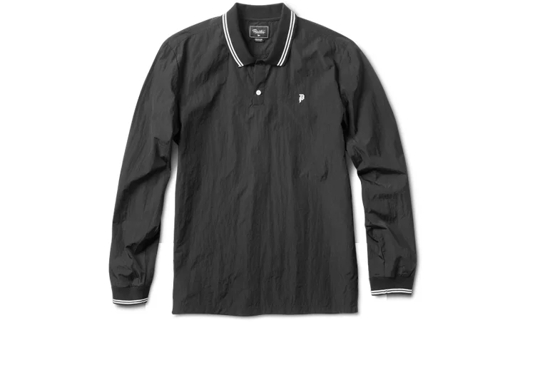  PRIMITIVE® CREPED PULLOVER - Pullover rugby silhouette built of creped poly sheeting. Striped rib at cuffs and collar. (shown in Black) 
