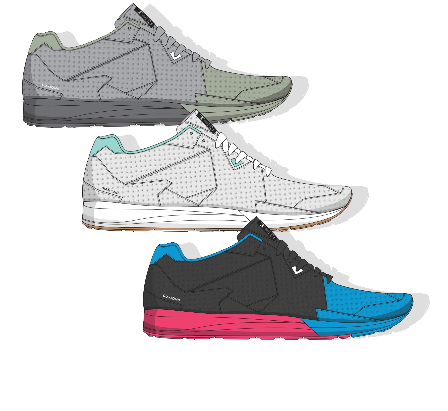  DIAMOND SUPPLY CO® FACET RUNNER - Jagged-paneled runner with soft perf leather upper. IMEVA sidewall with worm-line detail.&nbsp;Gum outsole.&nbsp;Diamond-shaped plastic eyelet and waxed laces. (shown in Pewter, White and Charcoal) 