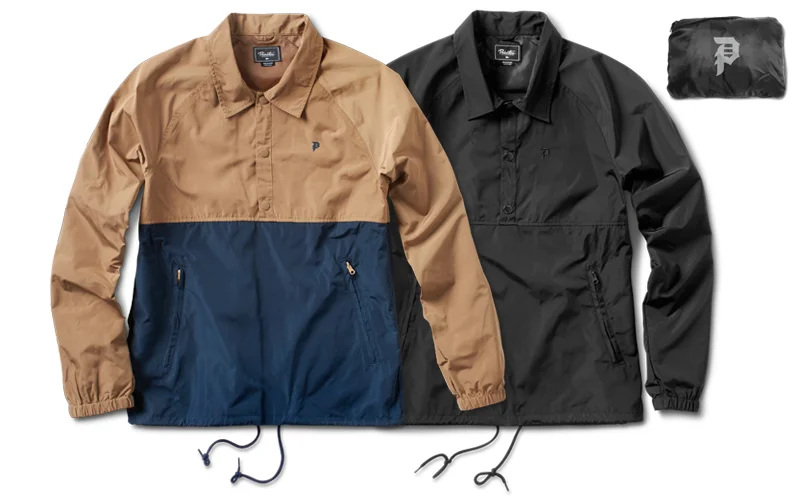  PRIMITIVE® ANORAK COACH - Packable coach / anorak hybrid pullover. Packs into pocket. Snaps halfway down chest. &nbsp;(Shown in Camel and Black) 