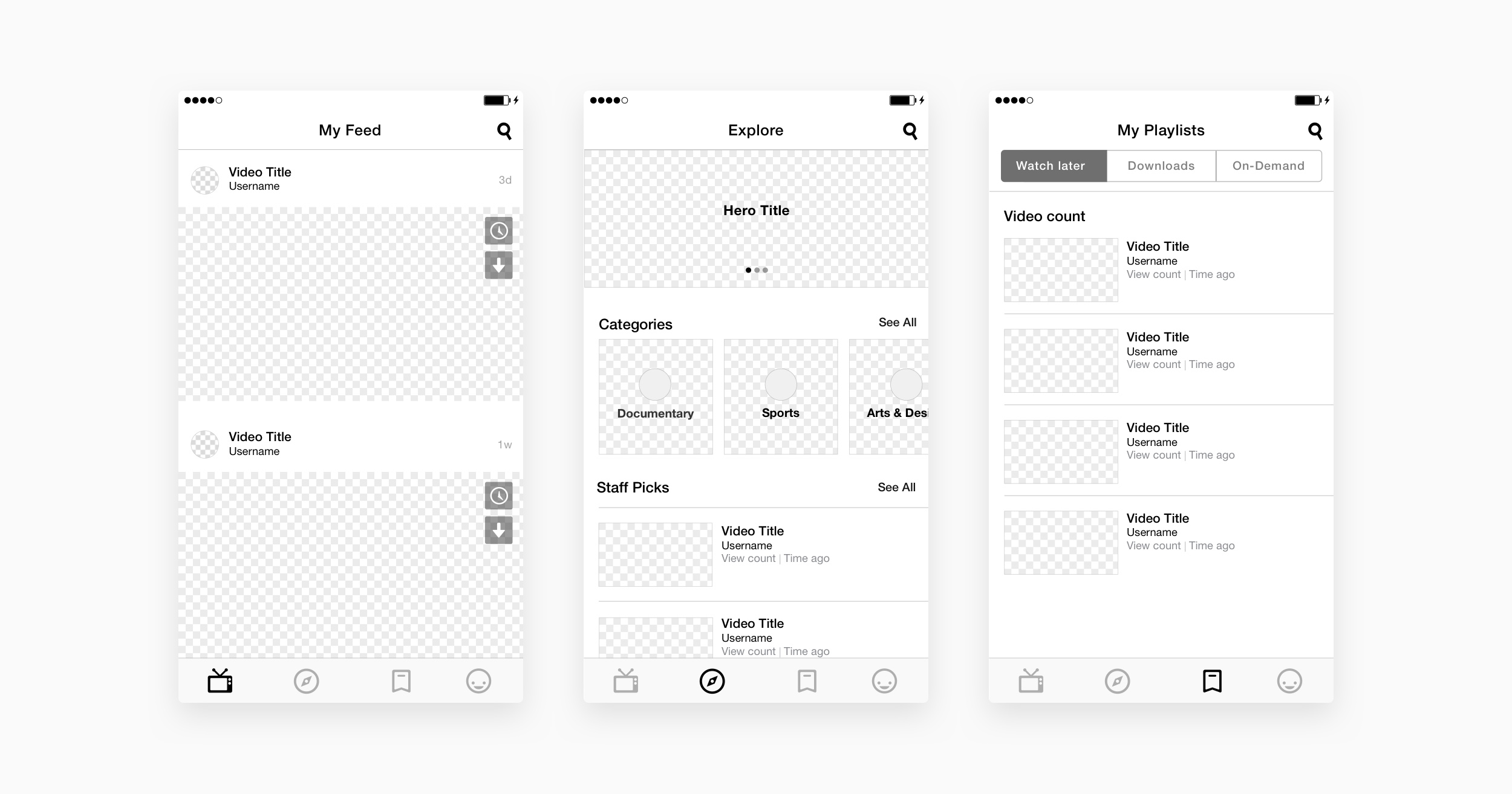 Fig 03. Next, detailed wireframes refined product decisions and user interactions. Pictured are the new Feed, Explore, and Playlist sections.