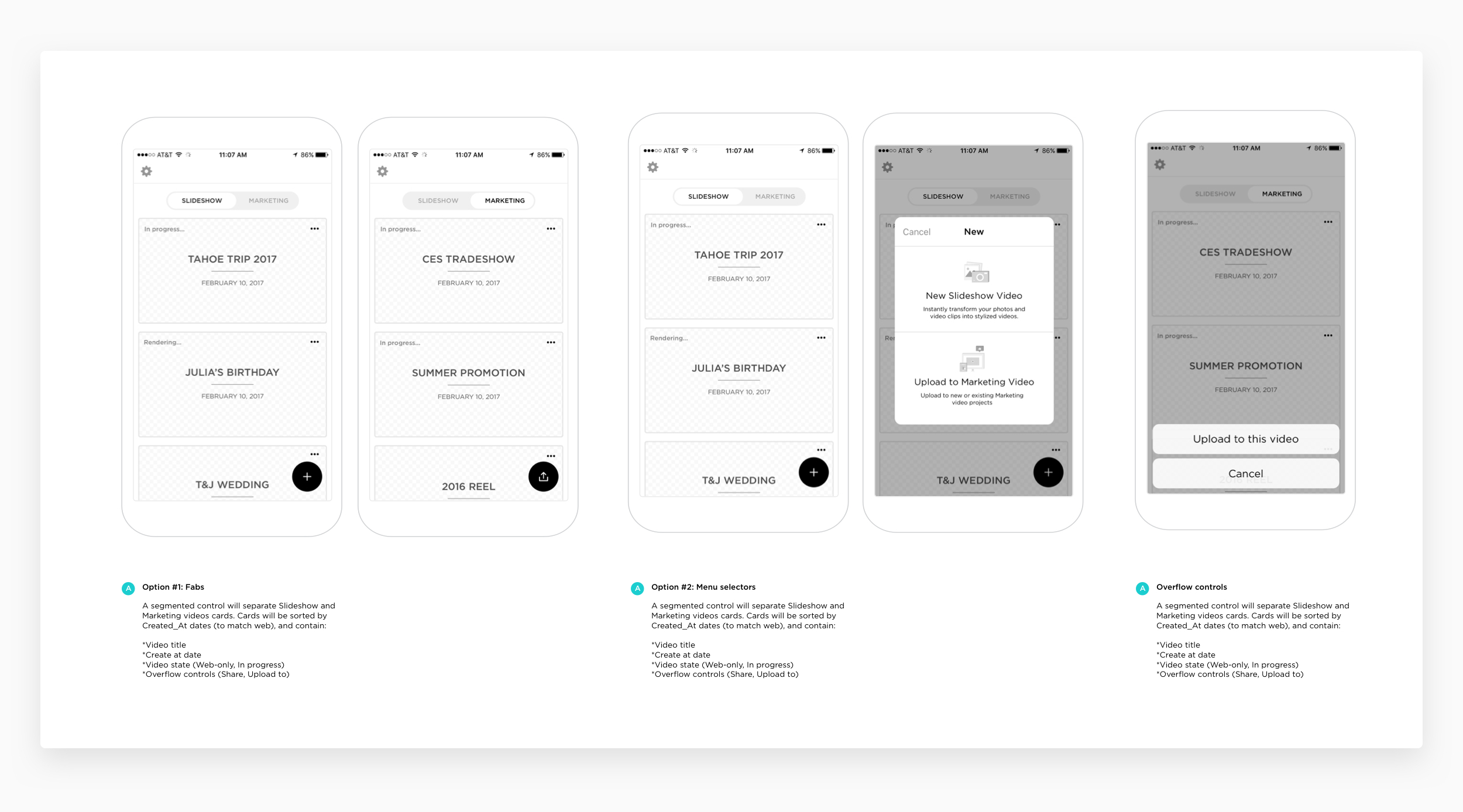 Fig. 04 UX specs for Upload controls: Fab vs menu selector, Overflow control