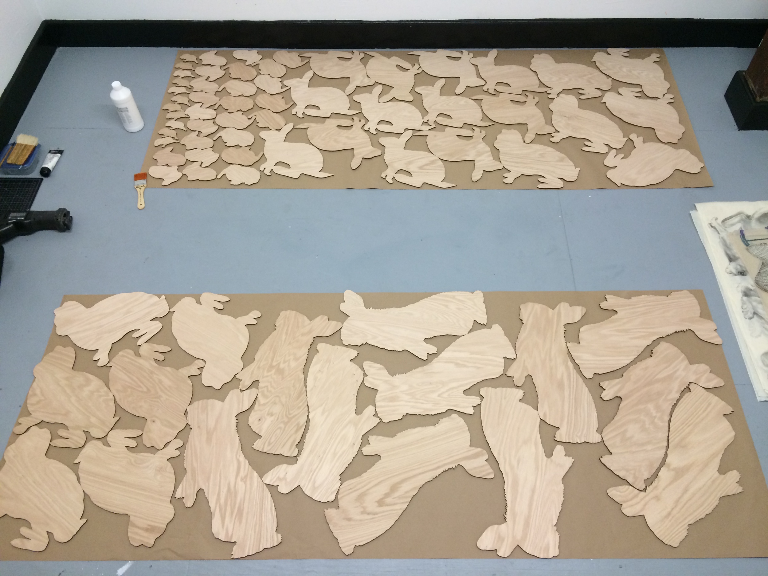  Process: Applying Gesso and Nori Paste to&nbsp;Laser-cut 1/4" Birch Plywood, 12 of each rabbit 