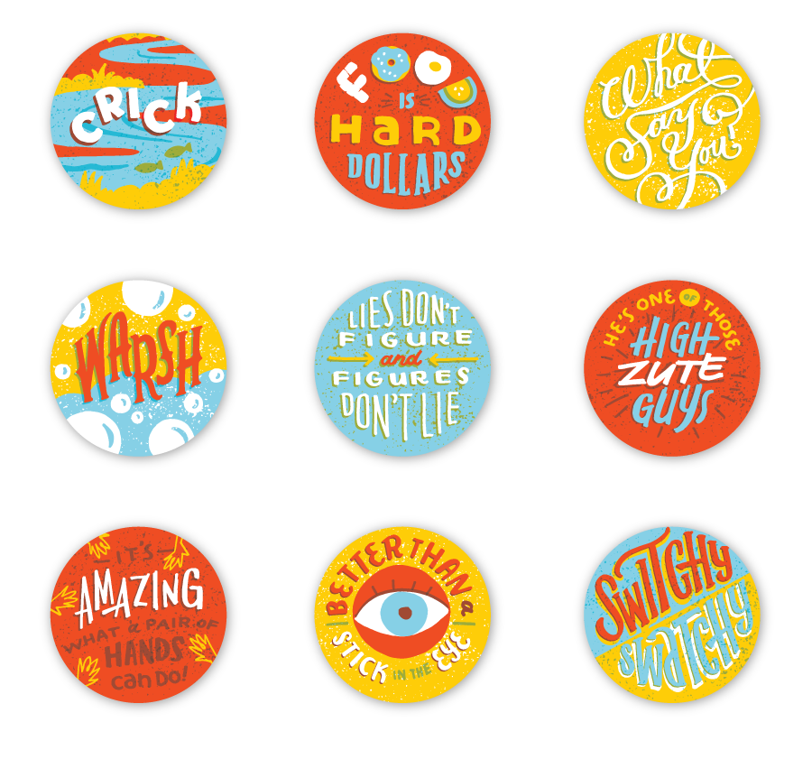  Artwork for 2" buttons showing a handful of Ed Box's popular phrases and given as favors at the end of the party. 