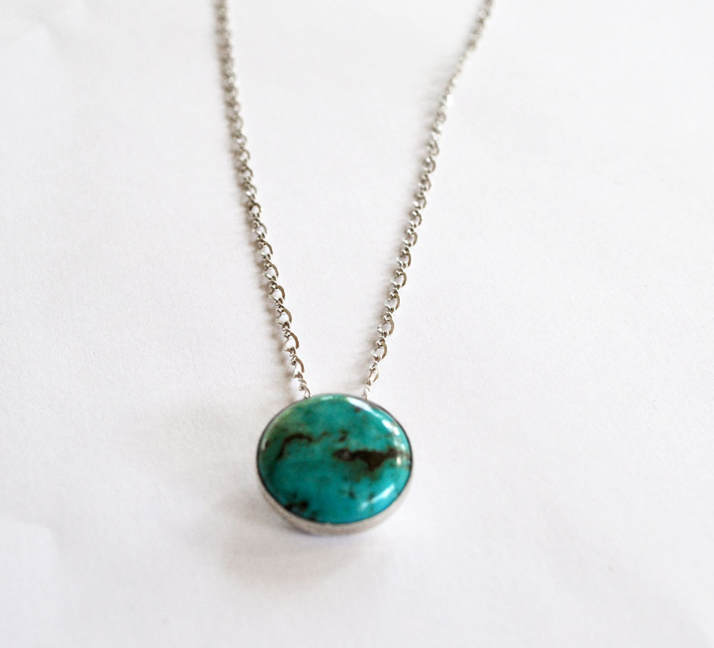 medium round Kingman Boulder Turquoise on sterling silver chain