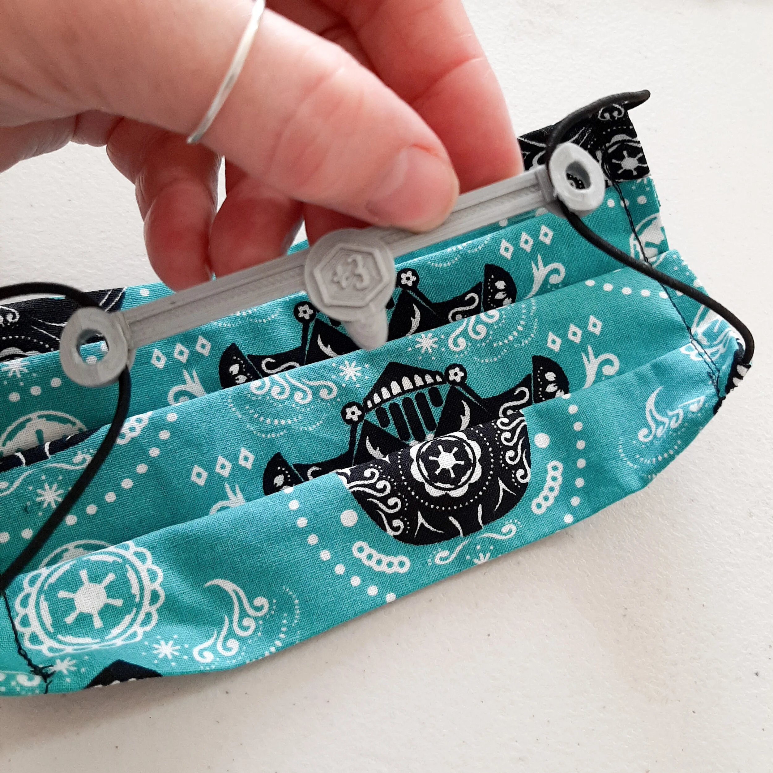 close up of elastic bands connected to ear saver