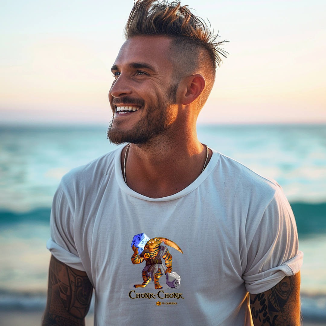 Attractive male model wearing a Plus 3 to Charisma cotton t-shirt with Chonk Chonk goblin
