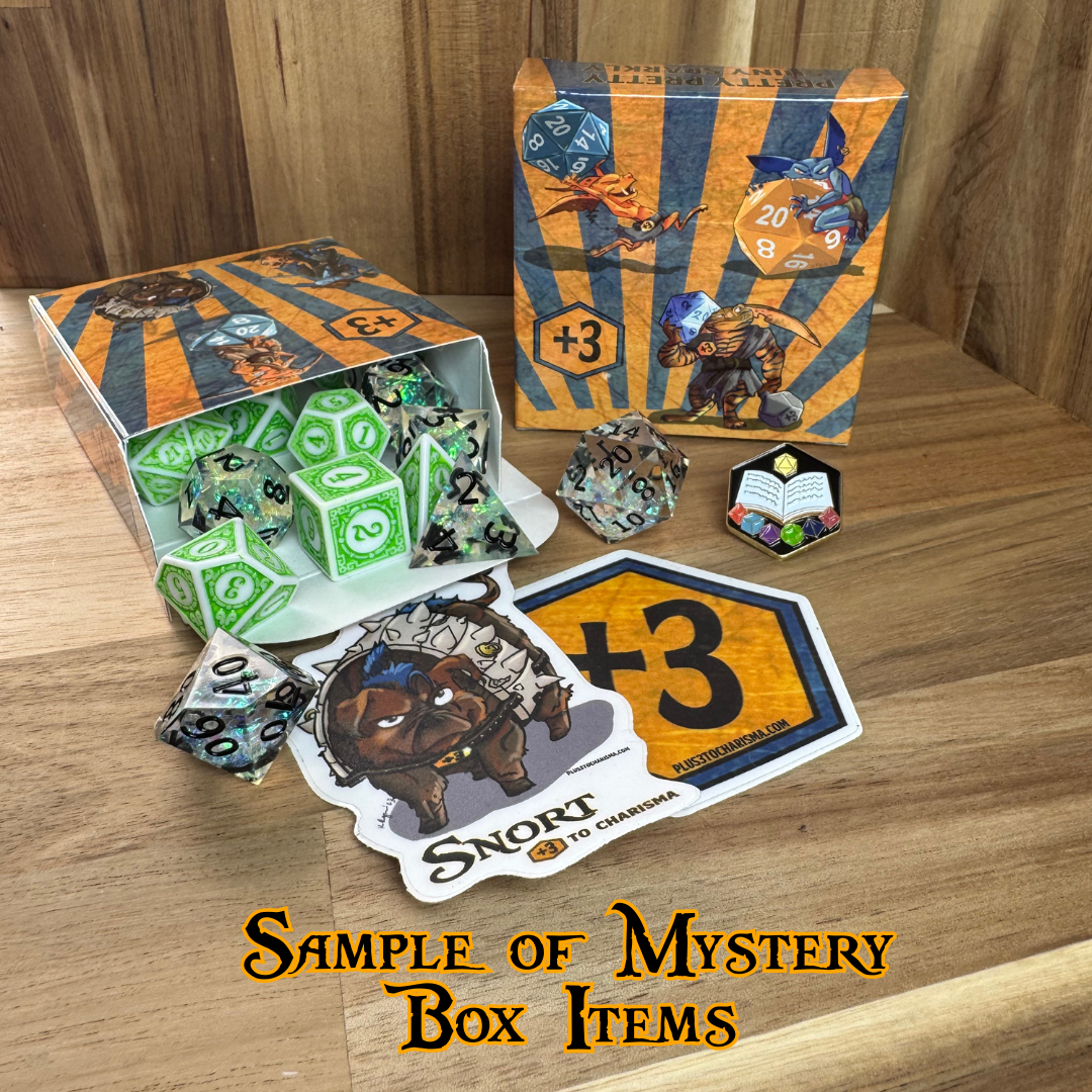Mystery Boxe sample showing 2 sets of dice, a pin, stickers, and special collectors box