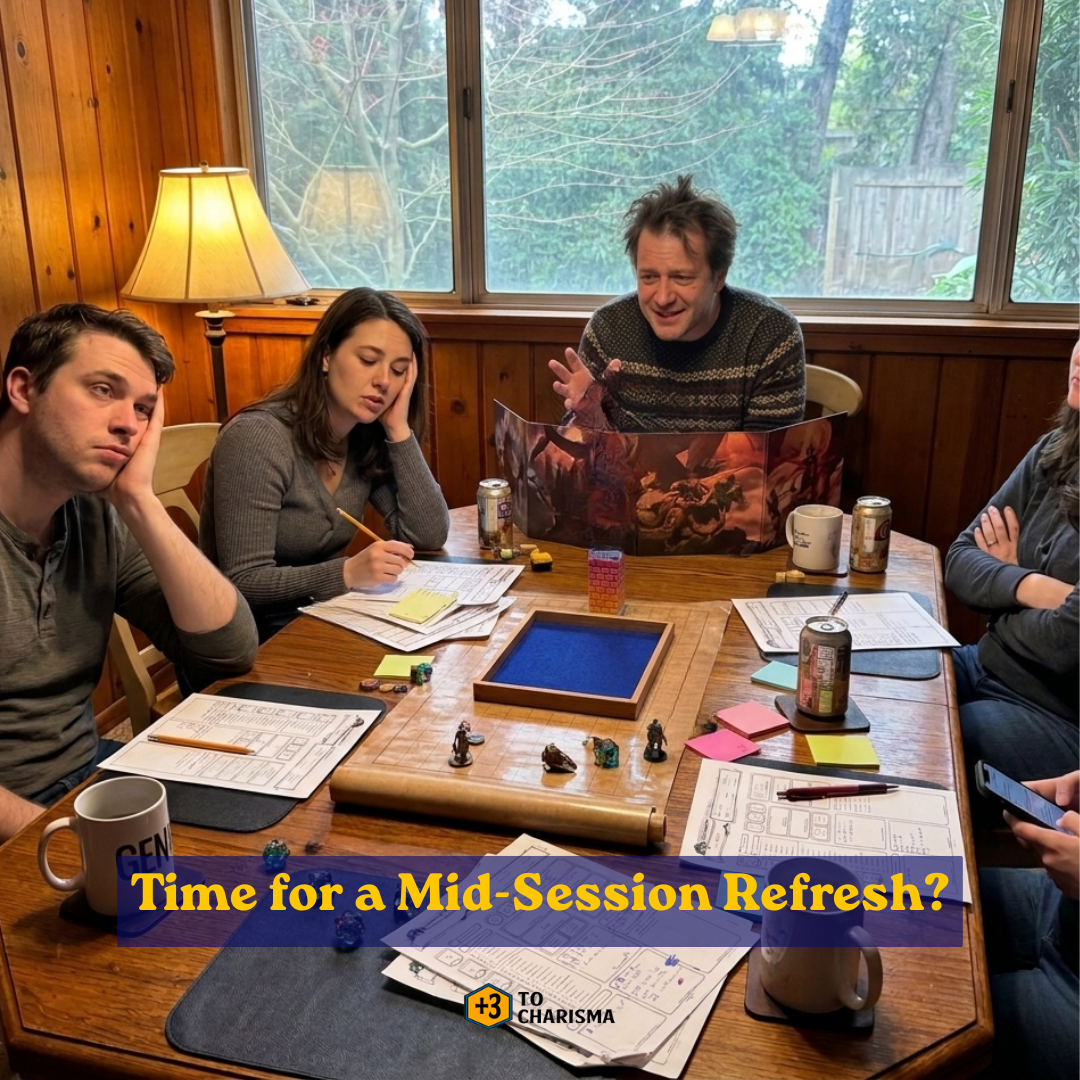 Frustrated game master and bored players sit around a disarranged gaming table