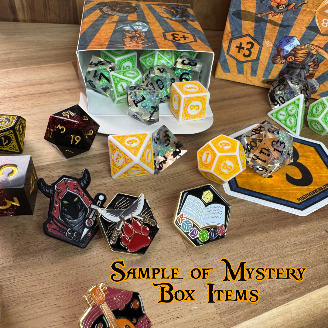 Sample of mystery boxes with pins, dice, and dice goblins